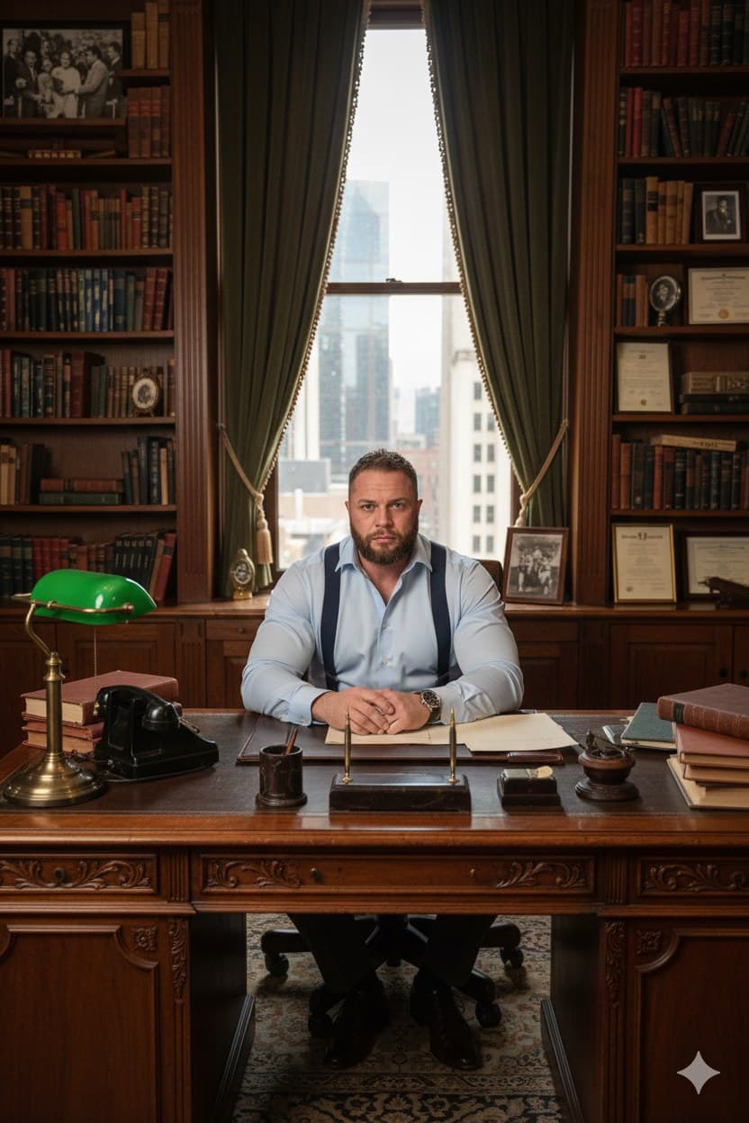 The founder of Legendary Pathway, in tailored dress, at the firm's desk